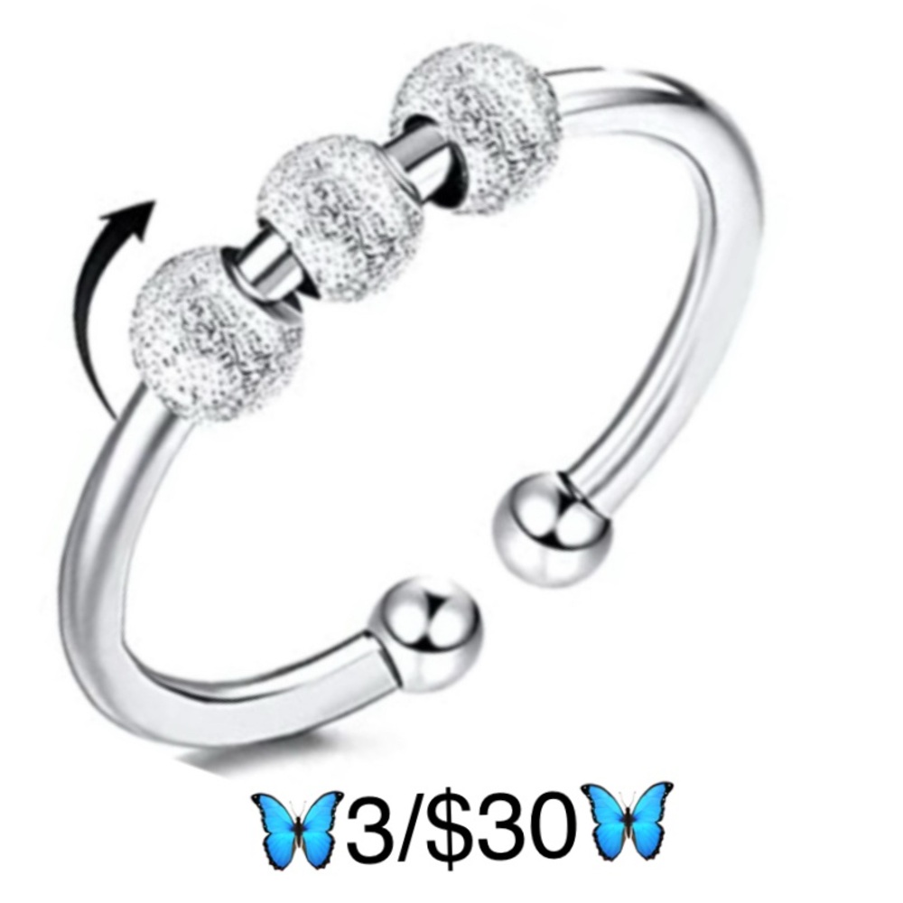 Stainless Steel Silver Tone Adjustable Open Style Fidget Bead Ring